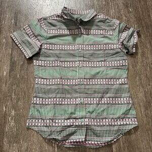 Wildfang Essential Button Shirt Women XS Gingham Stripe Pink Floral Embroidered